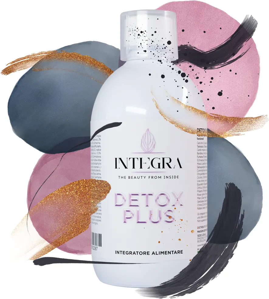 Detox Plus, boca sa ljubičastim natpisom u akvarelu ljubičastih tonova